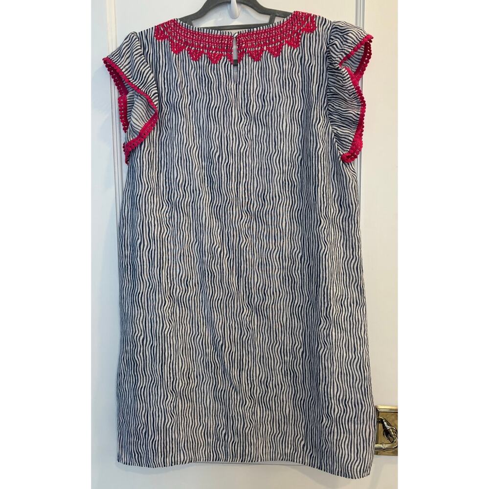 THML Anthropologie Stripe Embroidered Shift Dress Pink Navy Flutter Sleeve Large - Picture 4 of 6